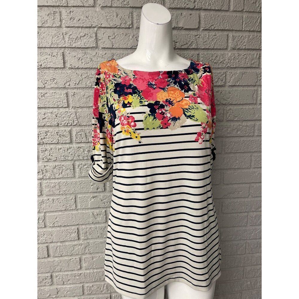 Charter Club Women Floral Striped Short Sleeve Top Size PM